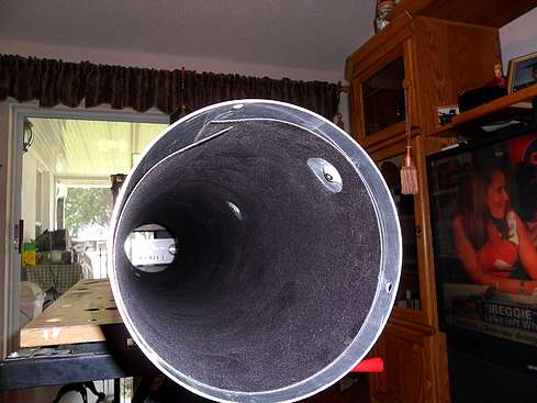 ProtoStar FlockBoard Material trimmed and placed back in Main Tube - Down tube view showing cut outs for counterweight sliding bar - 16 (Click to go to page)