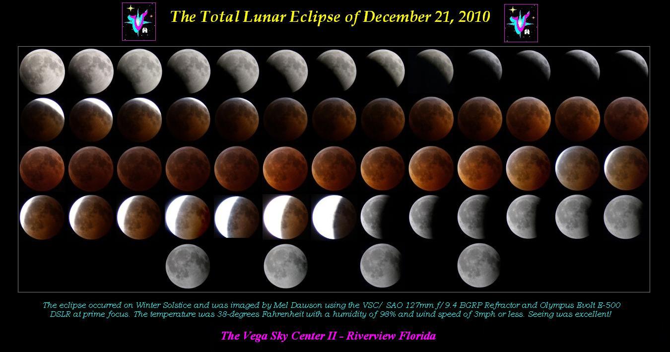 A collection ofsequential eclipse images forms this collage of the Total Lunar Eclipse of 12-21-2010 as created by Mel Dawson of the VSC-2.