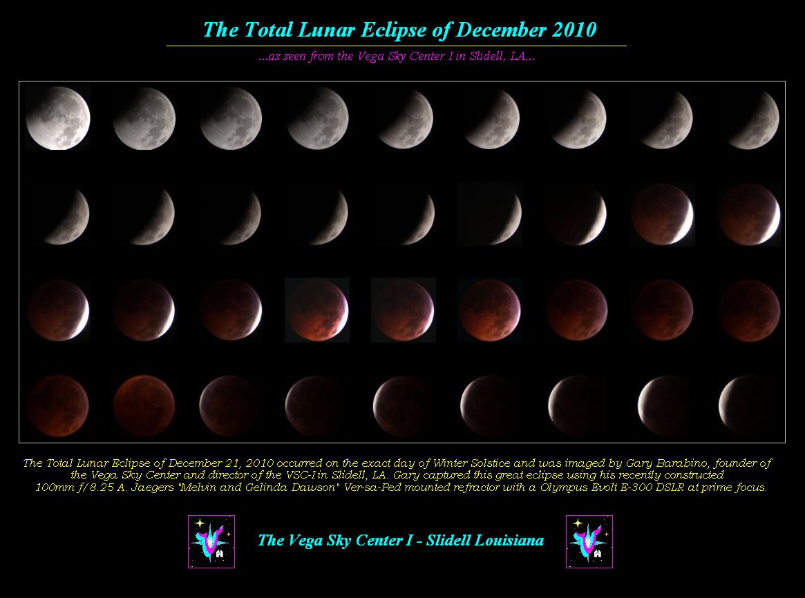 A collection ofsequential eclipse images forms this collage of the Total Lunar Eclipse of 12-21-2010 as created by Gary Barabino of the VSC-1.